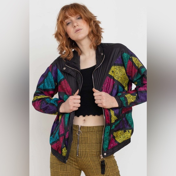 1 Sunset Lane Sz L 80’s 90’s Vintage Style Windbreaker Jacket Black Geometric - Picture 1 of 5